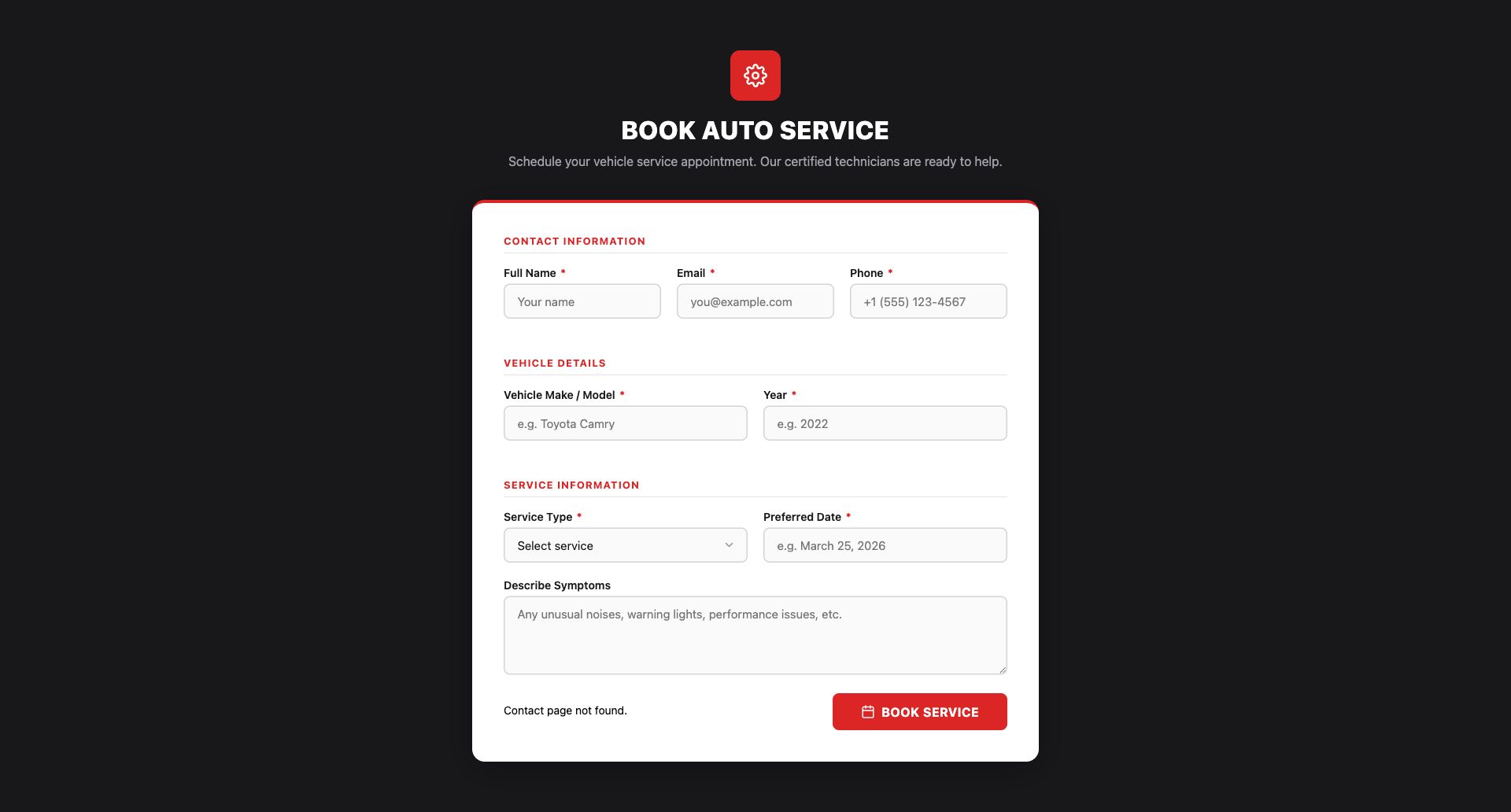 Auto Service Booking Form