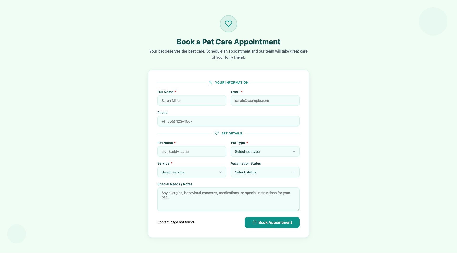 Pet Care Appointment Form